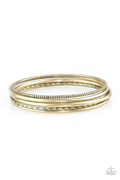 Mesa Mix - Brass Mismatched Smooth/Serrated/Scratched Textured Bangle Bracelet Stack B#4678