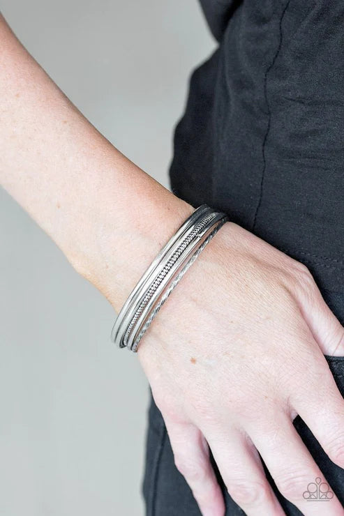 Mesa Mix - Silver Mismatched Smooth/Serrated/Scratched Textured Bangle Bracelet Stack B#4674