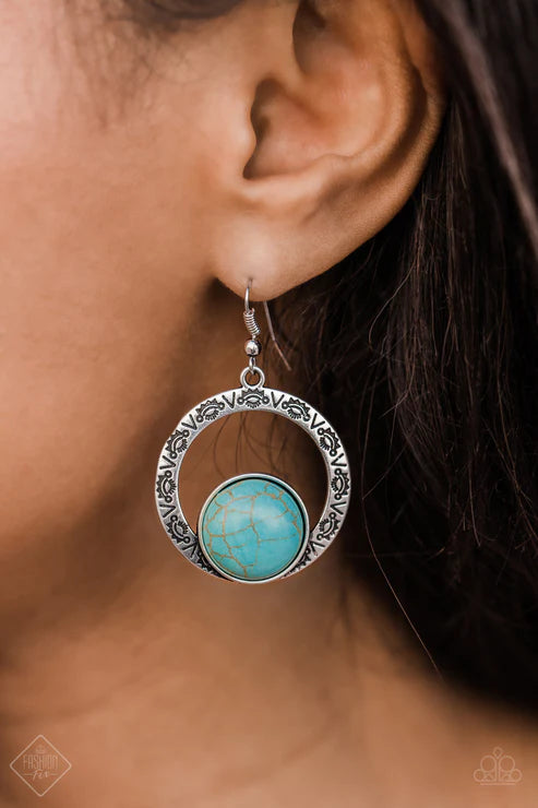 Mesa Mood - Blue Stone Stamped Hammered Tribal Hoop Earrings E#3272