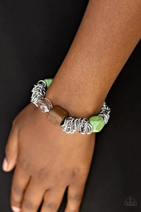Mesmerizingly Magmatic - Refreshing Green Mishmash Metallic Crystal Wood/Stone Accent Bracelet B#3178