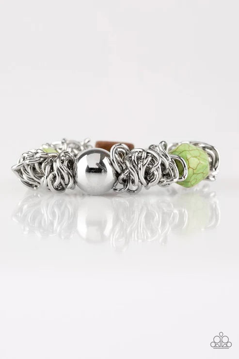 Mesmerizingly Magmatic - Refreshing Green Mishmash Metallic Crystal Wood/Stone Accent Bracelet B#3178