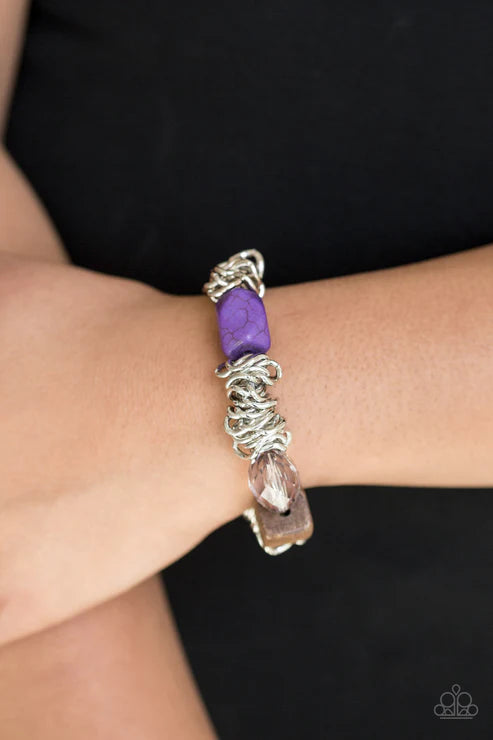Mesmerizingly Magmatic - Vivacious Purple Mishmash Metallic Crystal Wood/Stone Accent Bracelet B#6480