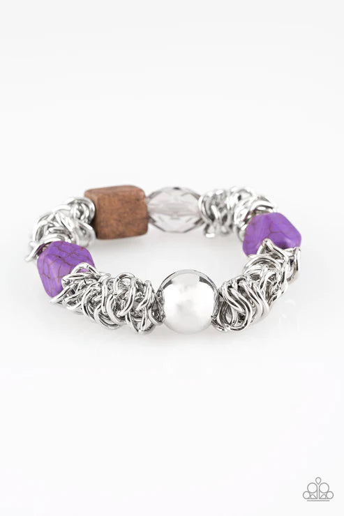 Mesmerizingly Magmatic - Vivacious Purple Mishmash Metallic Crystal Wood/Stone Accent Bracelet B#6480