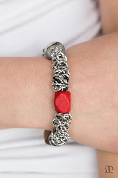 Mesmerizingly Magmatic - Red (Fiery) Mishmash Metallic Crystal Wood/Stone Accent Bracelet B#3055