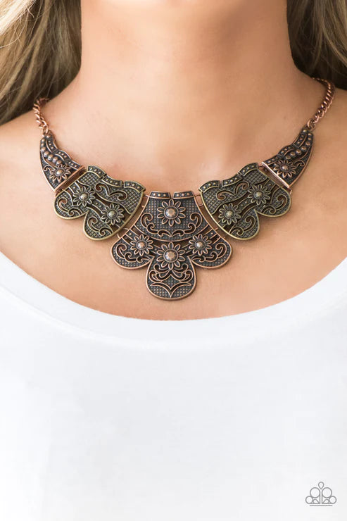 Mess With The Bull - Oversized Multi (Brass/Copper) Embossed Floral Connected Plates Necklace N#4529