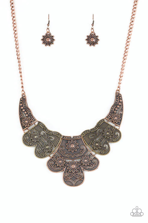 Mess With The Bull - Oversized Multi (Brass/Copper) Embossed Floral Connected Plates Necklace N#4529