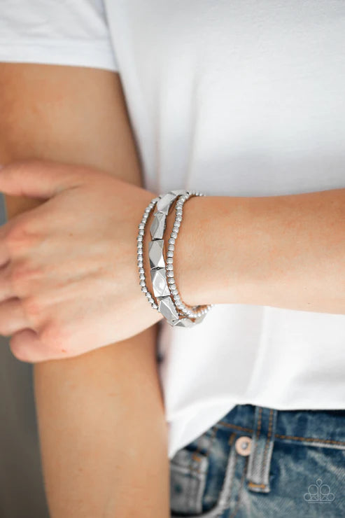 Metal Movement - Silver Faceted Accent Industrial Bracelet Stack B#4727