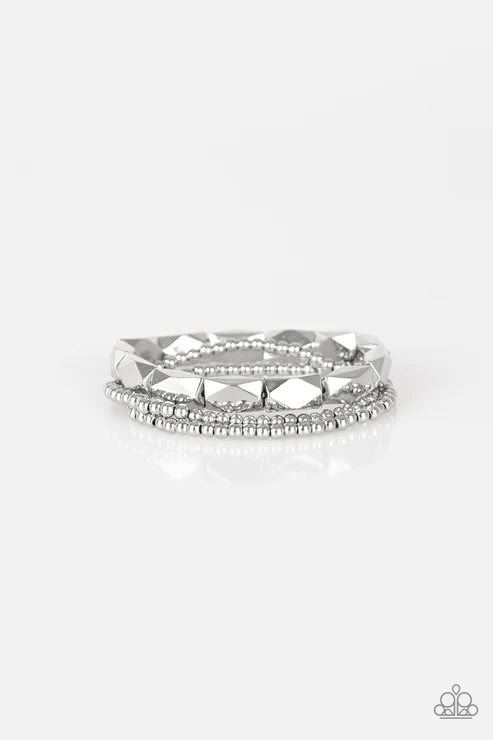 Metal Movement - Silver Faceted Accent Industrial Bracelet Stack B#4727