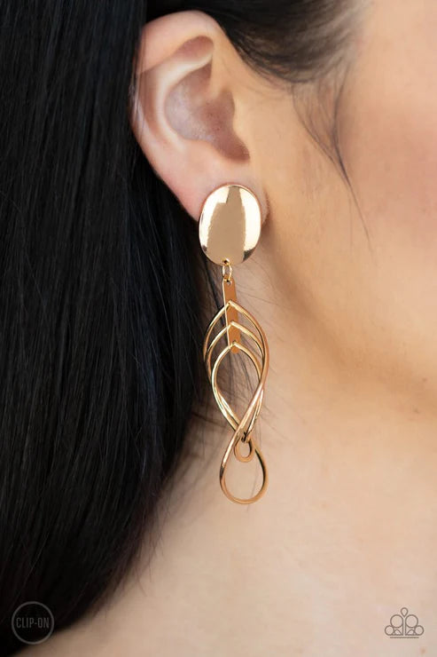 Metallic Foliage - Gold Leaf Twirling Trio Oval Leaf Clip-On Earrings E#2841