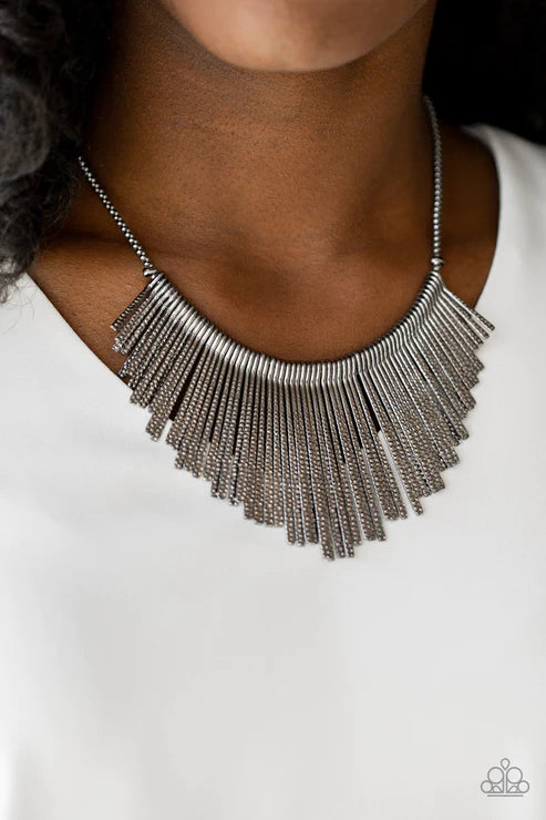 Metallic Mane - Black Textured Rounded Flared Rod Fringe Necklace N#3961