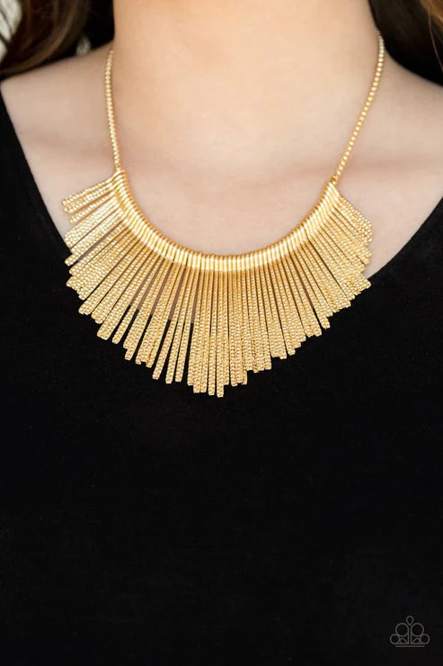 Metallic Mane - Gold Textured Rounded Flared Rod Fringe Necklace N#3123