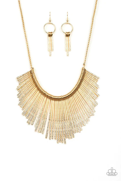 Metallic Mane - Gold Textured Rounded Flared Rod Fringe Necklace N#3123