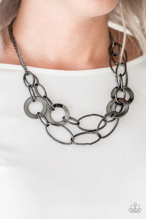 Metallic Maverick - Black Mismatched Ring/Hoop Link Industrial Necklace N#6246