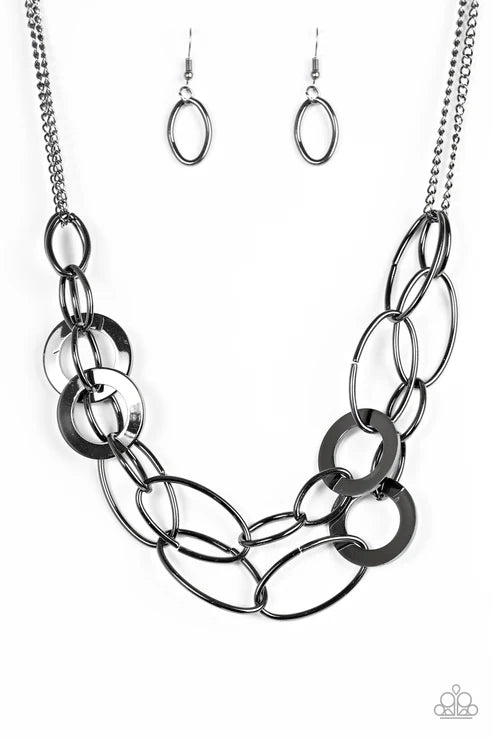 Metallic Maverick - Black Mismatched Ring/Hoop Link Industrial Necklace N#6246
