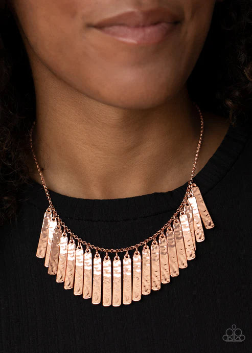 Metallic Muse - Copper Rectangular Hammered Plate Fringe Necklace N#2782