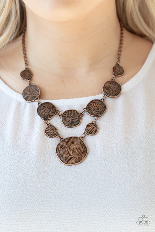 Metallic Patchwork - Copper Patchwork Linear Textures Asymmetrical Circular Link Bold Metallic Necklace N#3269