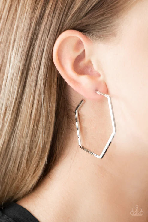 Metro Metric - Oversized Silver Hammered Hexagon Hoop Earrings E#3794