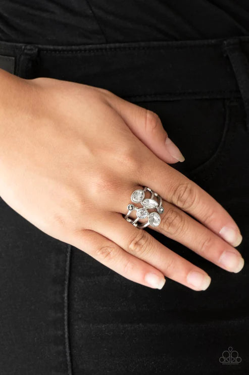 Metro Mingle - Oversized Silver/White Hematite Tumble Down Encrusted Ring R#5949
