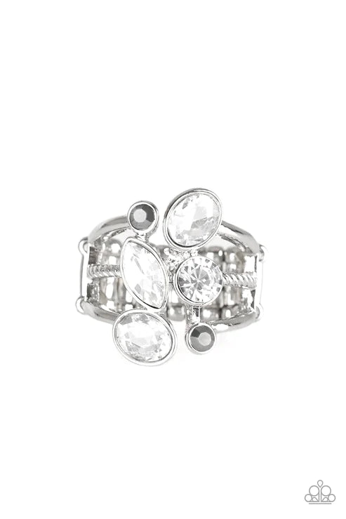 Metro Mingle - Oversized Silver/White Hematite Tumble Down Encrusted Ring R#5949