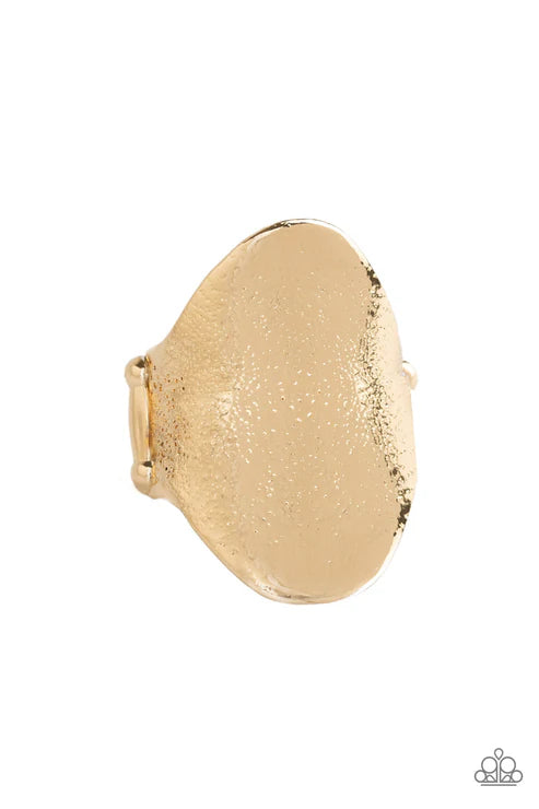 Metro Mirror - Oversized Gold Curled Hammered Shimmer Textured Ring R#6561