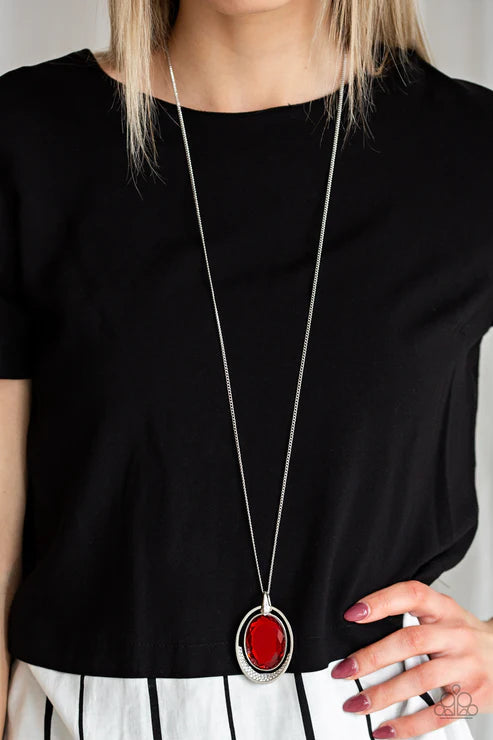Metro Must-Have - Oversized Red Oval Hypnotic Dipped Encrusted Necklace N#6095