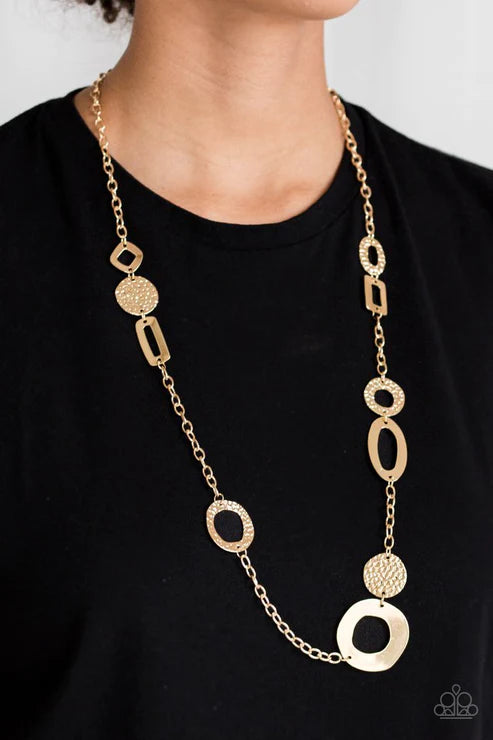 Metro Scene - Oversized Gold Mismatched Smooth/Textured Abstract Textured Connected Necklace N#2774