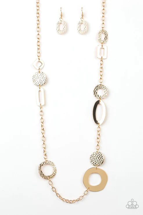 Metro Scene - Oversized Gold Mismatched Smooth/Textured Abstract Textured Connected Necklace N#2774