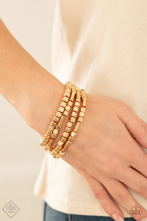 Metro Materials - Gold Metallic Square/Cylinder/Cubed Bracelet Stack B#498