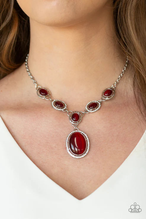 Metro Medallion - Oversized Red Encrusted Oval Cat's Eye Moonstone Links Whimsical Extended Pendant Necklace N#7280