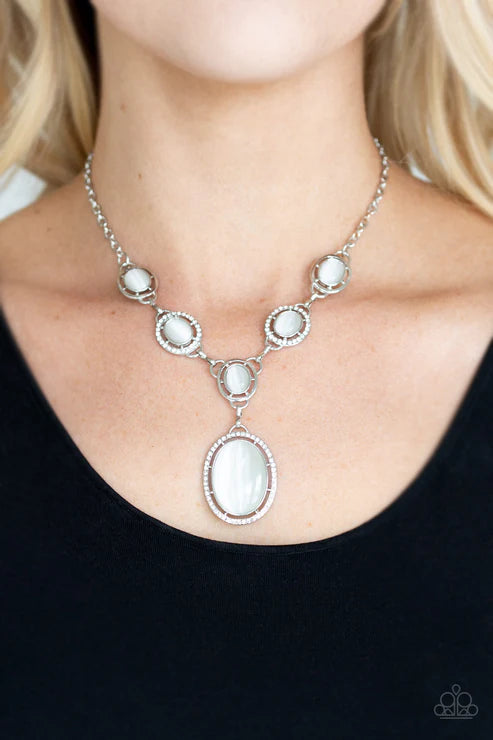 Metro Medallion - Oversized White Encrusted Oval Cat's Eye Moonstone Links Whimsical Extended Pendant Necklace N#6773