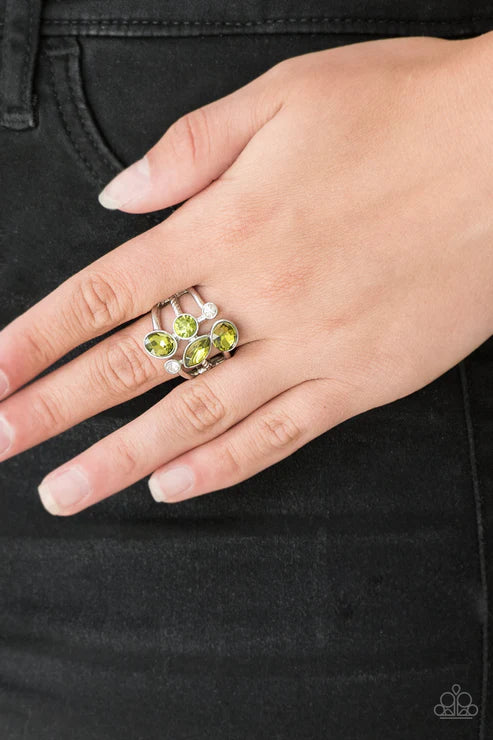 Metro Mingle - Oversized Green/White Tumble Down Encrusted Ring R#5153