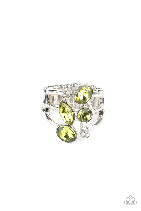 Metro Mingle - Oversized Green/White Tumble Down Encrusted Ring R#5153