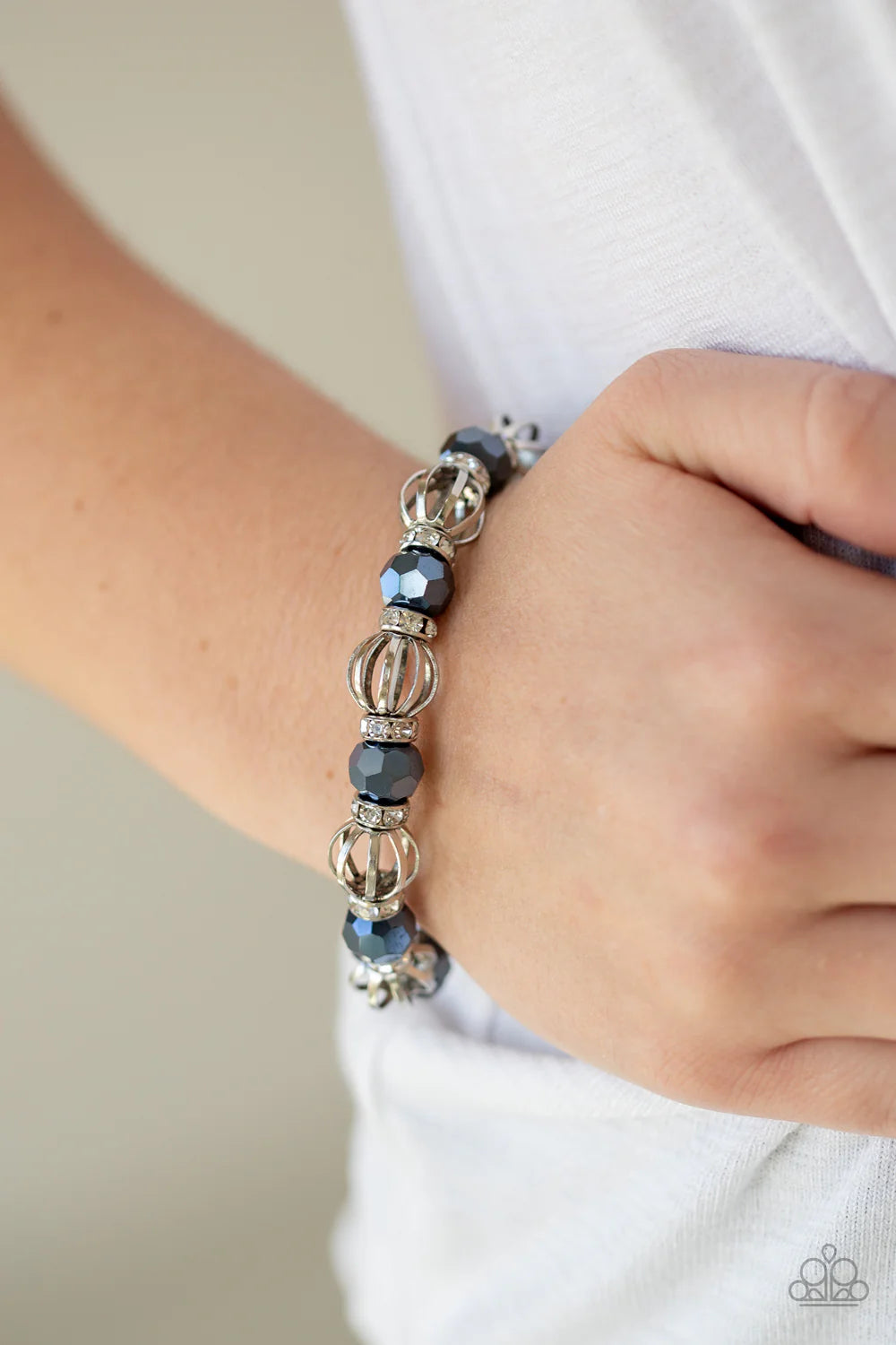 Metro Squad - Metallic Blue/Silver Airy Faceted Encrusted Rings Bracelet B#7044