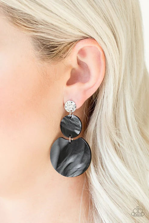 Miami Mariner - Oversized Black Spotted Shell Iridescent Hammered Retro Earrings E#2892