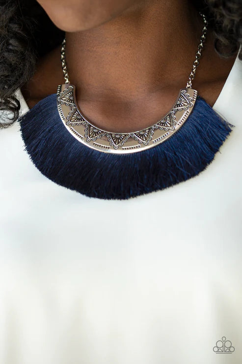 Might and MANE - Blue Plume Threaded Flared Half-Moon Stamped Tribal Fringe Necklace N#2812