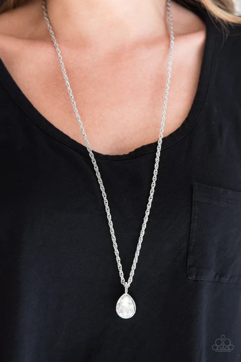 Million Dollar Drop - Oversized White Sleek Gem Bold 3-Dimensional Pendant Teardrop Necklace N#5939