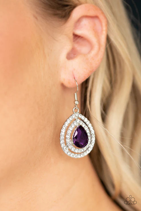 Millionaire Debonair - Oversized Purple Dazzling Teardrop Encrusted Stack Teardrop Frames Radiating White Encrusted Glamorous Lure Earrings E#5660