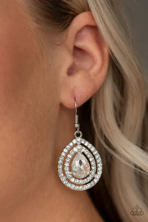 Millionaire Debonair - Oversized White Dazzling Teardrop Encrusted Stack Teardrop Frames Radiating Encrusted Glamorous Lure Earrings E#5953