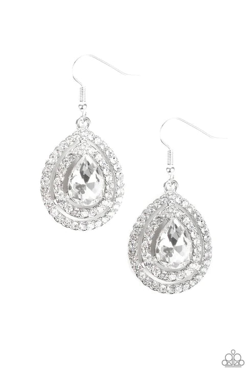 Millionaire Debonair - Oversized White Dazzling Teardrop Encrusted Stack Teardrop Frames Radiating Encrusted Glamorous Lure Earrings E#5953