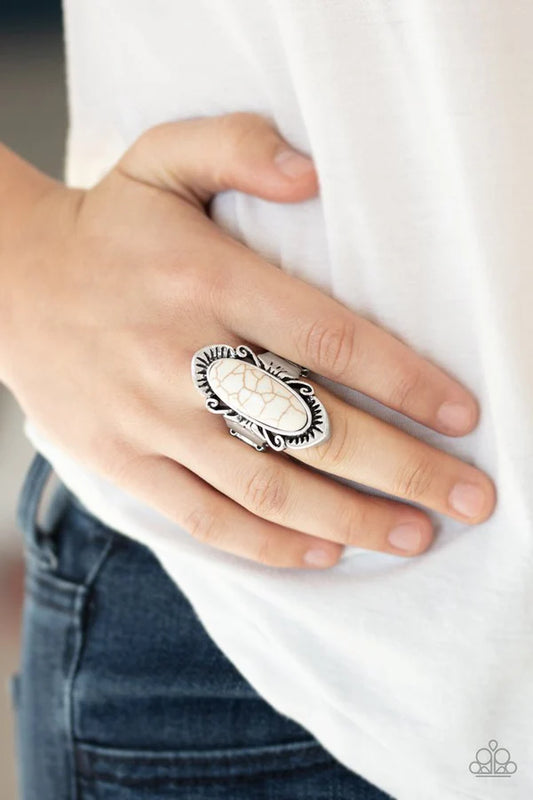 Mineral-Monger - White Oval Stone Nestled Atop Antiqued Etched Ornate Detail Decorative Artisan Inspired Ring R#7015
