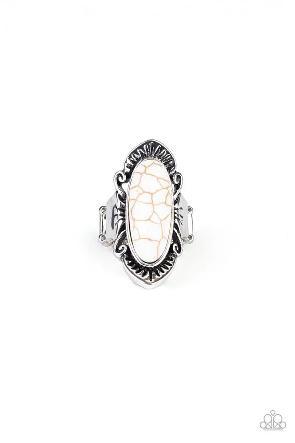 Mineral-Monger - White Oval Stone Nestled Atop Antiqued Etched Ornate Detail Decorative Artisan Inspired Ring R#7015