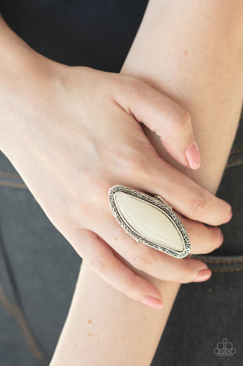Mineral Mine - Oversized White Oblong Embossed/Studded Tactile Filigree Stone Ring R#5009