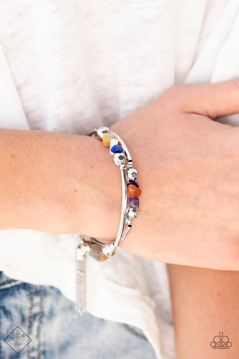 Mineral Mosaic - Multi Faceted Raw Cut Rock Cylindrical Accents Coiled Wire Tassel Spiral Bracelet B#7396