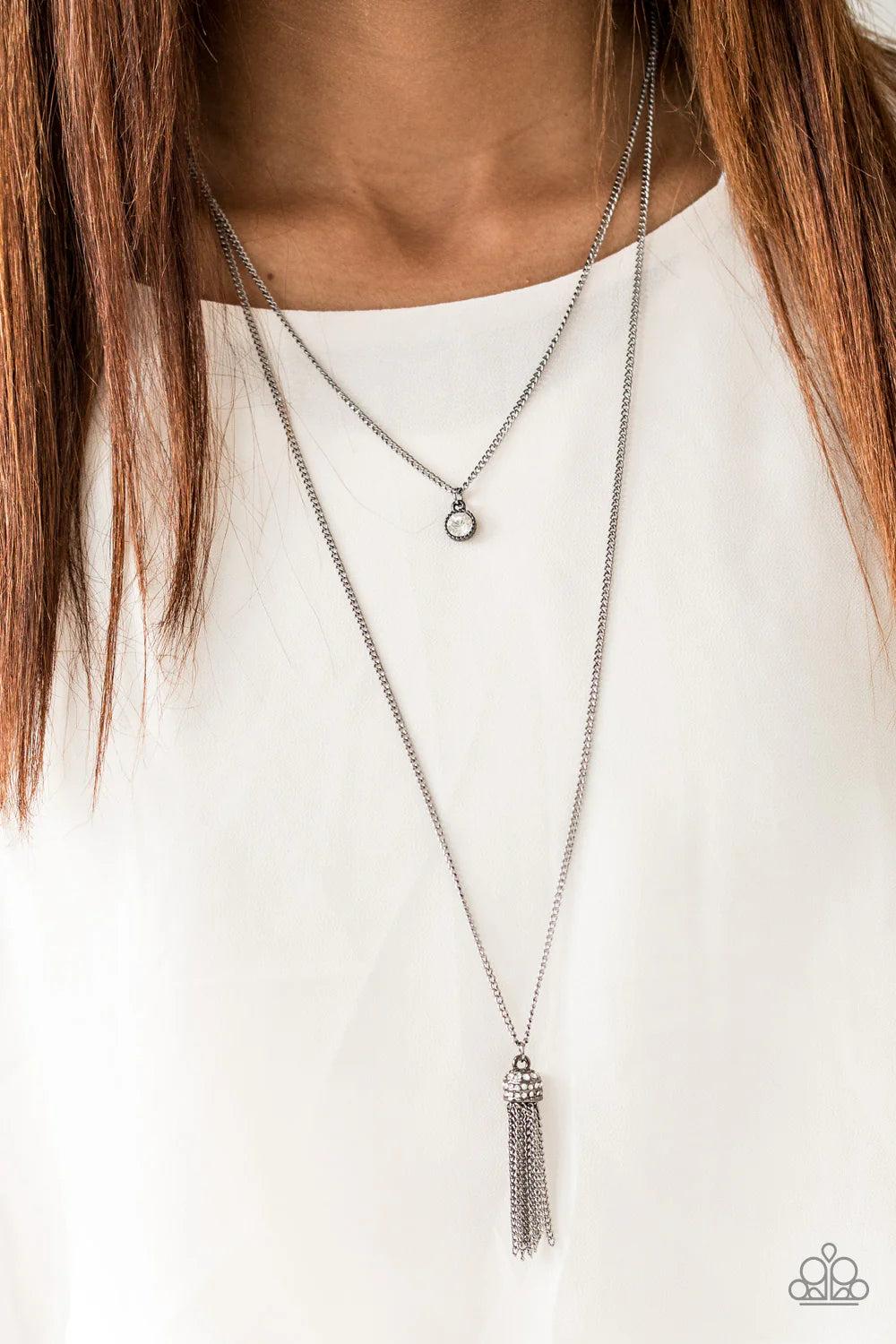Minimal Millennial - Black Solitaire White Encrusted Gunmetal Chains Stream Tassel Necklace N#7152