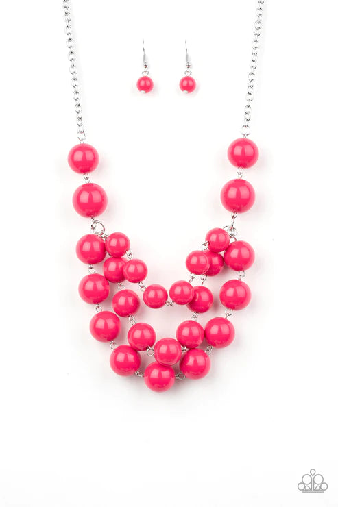 Miss Pop-YOU-larity - Oversized Bubbly Hot Pink Trio Cascade Necklace N#5498