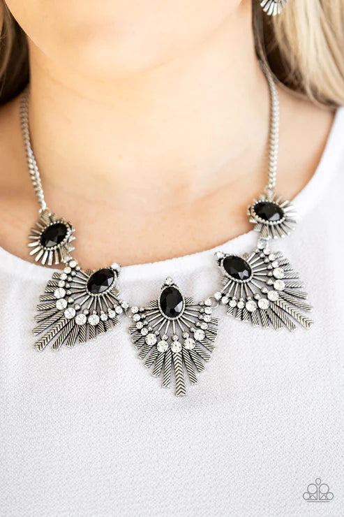 Miss YOU-niverse - Black Encrusted Textured Fringe Fan Necklace N#4449