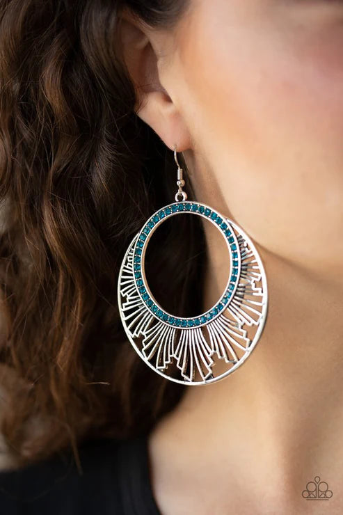 Mod Mood - Oversized Blue Airy Geometric Fringe Flares Out  Encrusted Ring Edgy Tribal Earrings E#6018