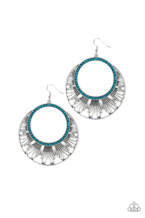 Mod Mood - Oversized Blue Airy Geometric Fringe Flares Out  Encrusted Ring Edgy Tribal Earrings E#6018