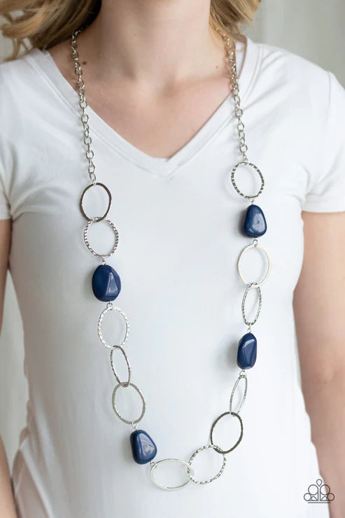 Modern Day Malibu - Oversized Blue Faceted Faux Rock Hammered Hoop Necklace N#4490