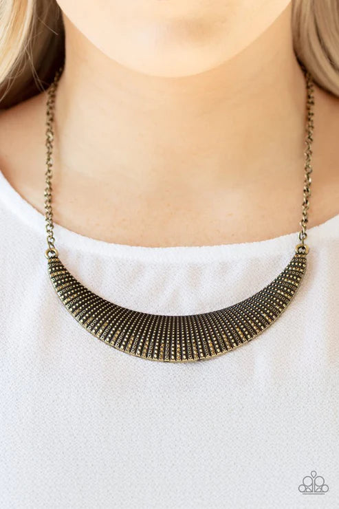 Modern Day Moonshine - Oversized Brass Studded Aurum Encrusted Half-Moon Necklace N#3452